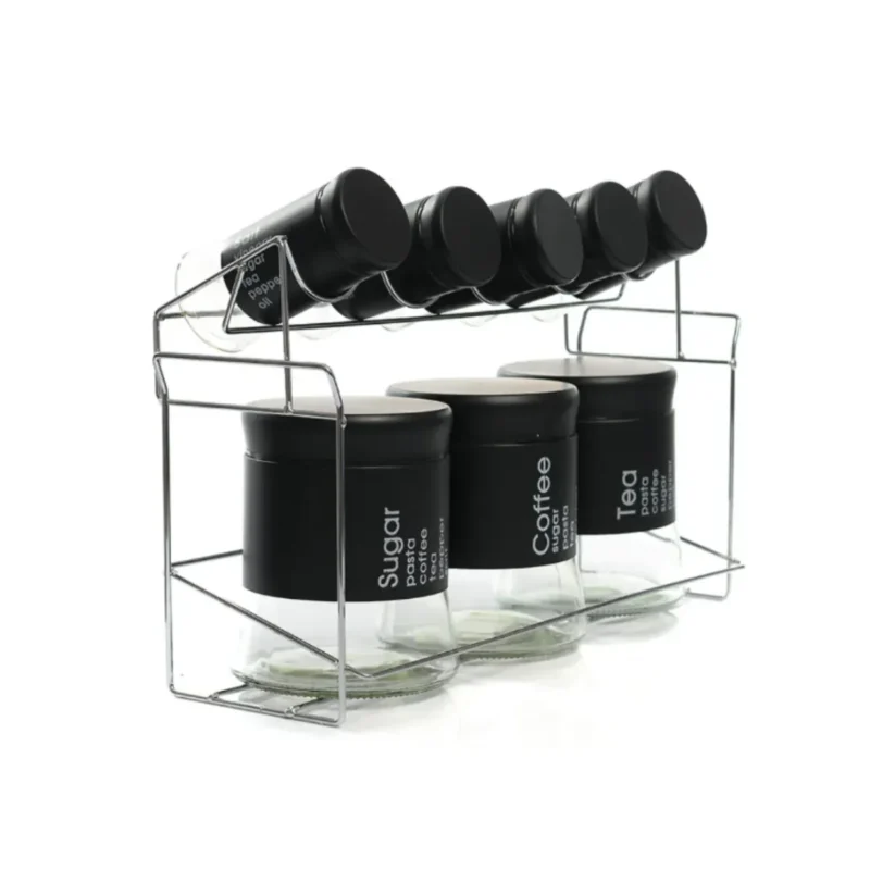 Комплект бурканчета за подправки с черни капачки и метална поставка, включващ малки и по-големи съдове