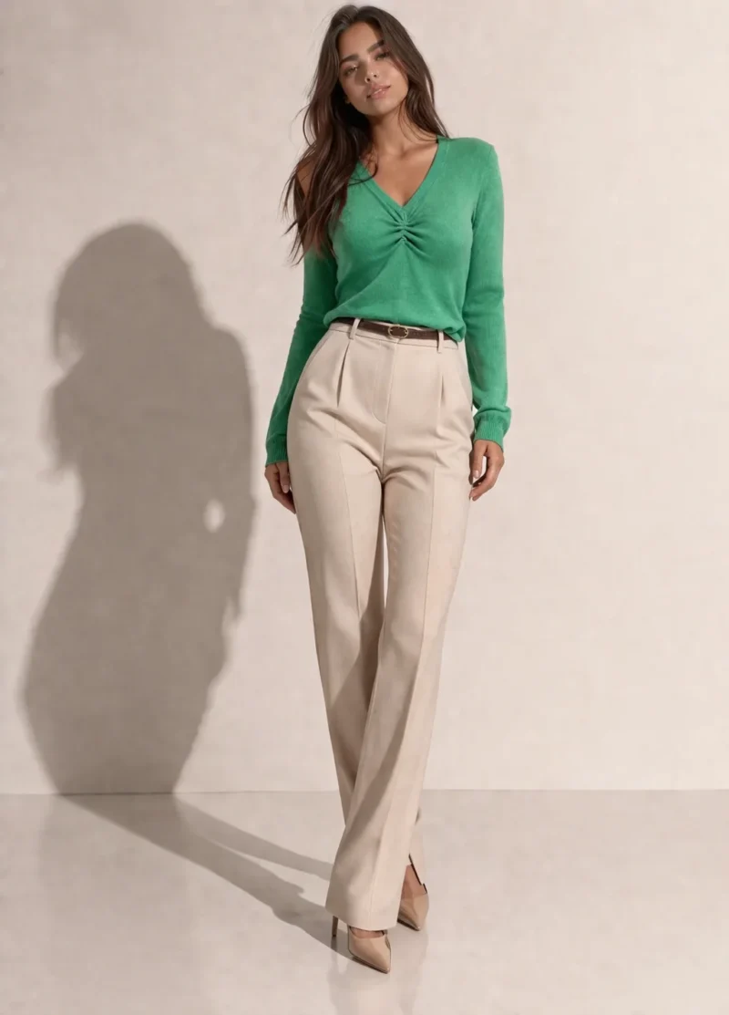 Дамска зелена блуза с V-образно деколте и дълги ръкави, носена от модел в цял ръст, комбинирана с бежов панталон
