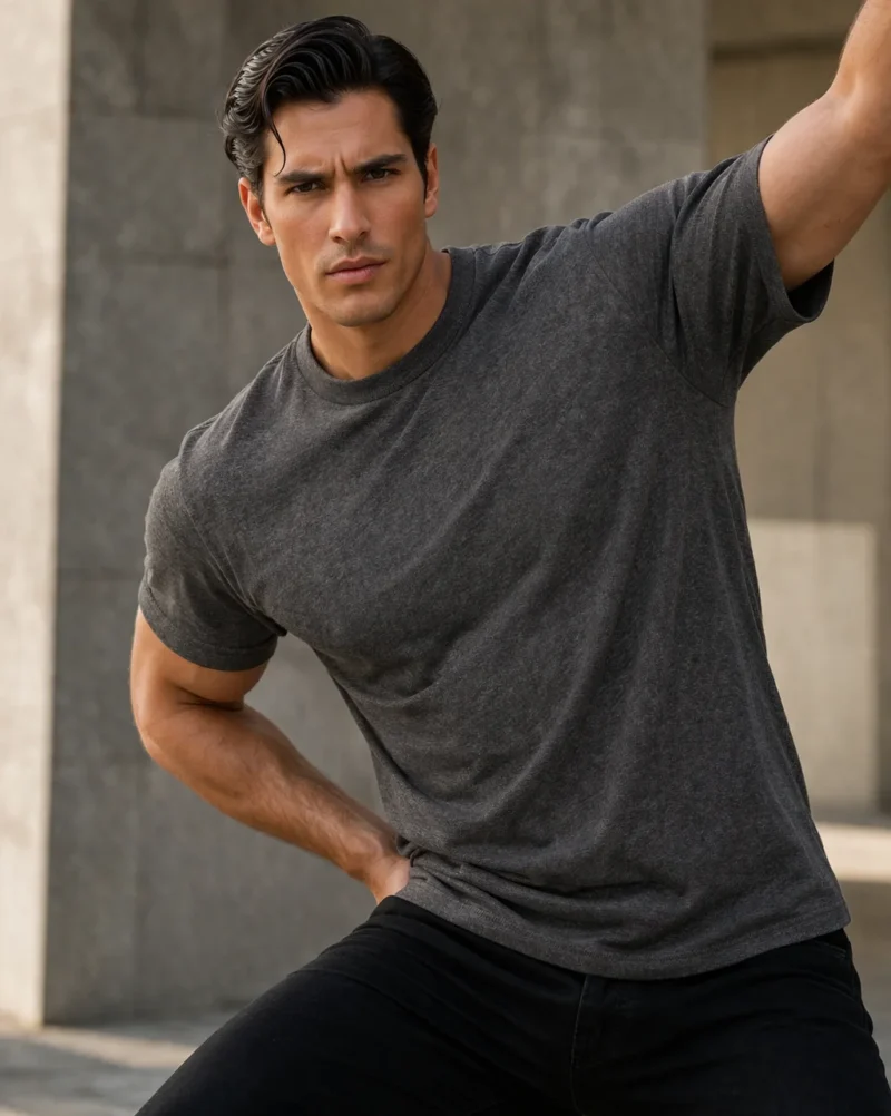 Мъж с атлетично телосложение, облечен в антрацитна тениска с меланжов ефект и къс ръкав, заснет в градска среда