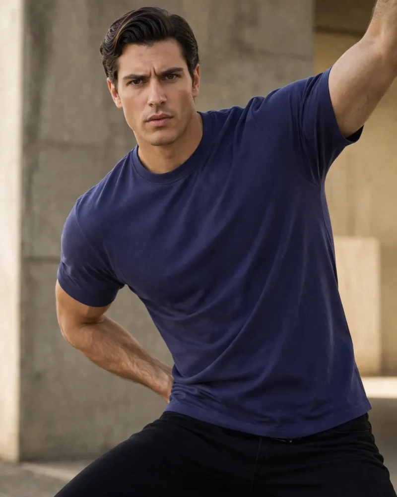 Мъж с атлетично телосложение, облечен в тъмно синя памучна тениска с къс ръкав и изчистен дизайн, заснет в градска среда