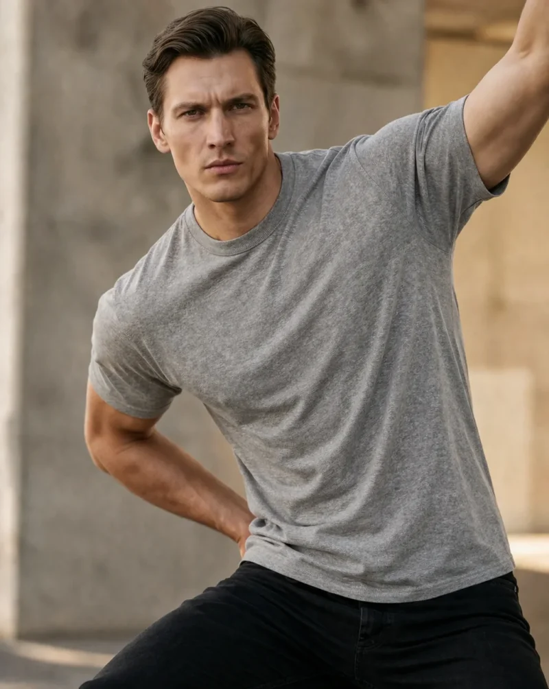 Мъж с атлетично телосложение, облечен в сива меланж памучна тениска с къс ръкав, заснет в градска среда