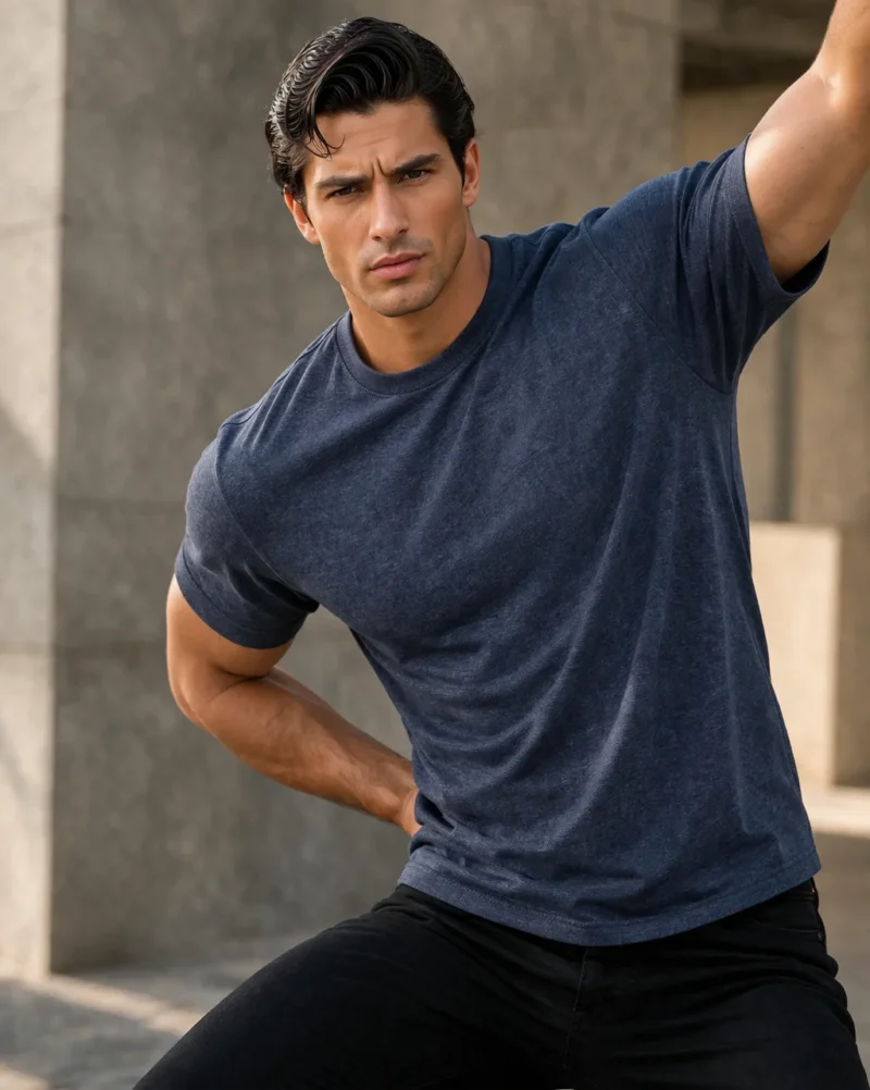 Мъж с атлетично телосложение, облечен в тениска в цвят индиго с меланжов ефект и къс ръкав, заснет в градска среда