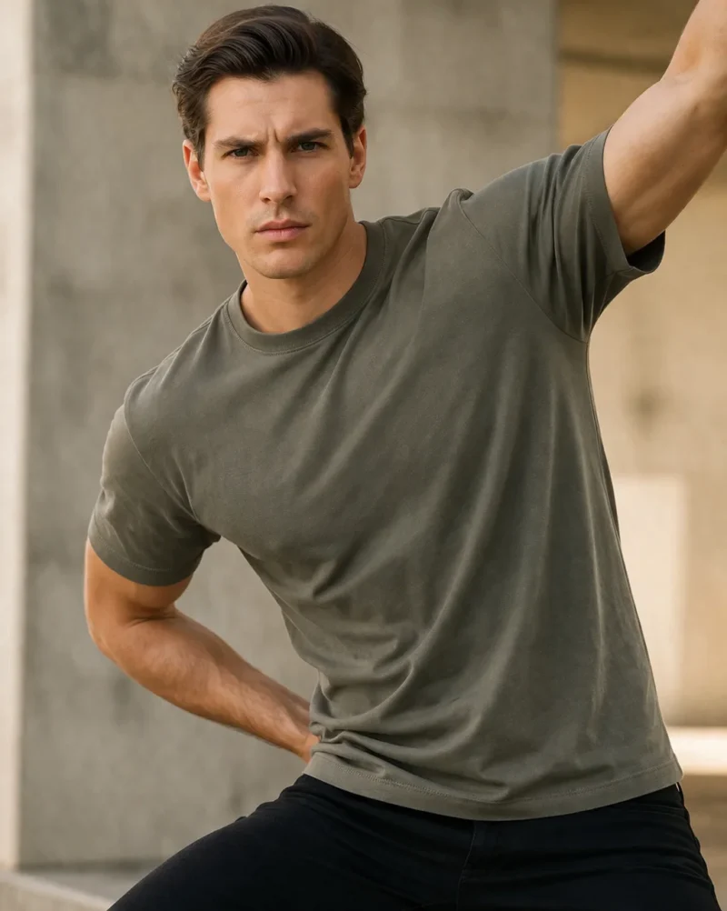 Мъж с атлетично телосложение, облечен в маслинено зелена памучна тениска с къс ръкав и изчистен дизайн, заснет в градска среда