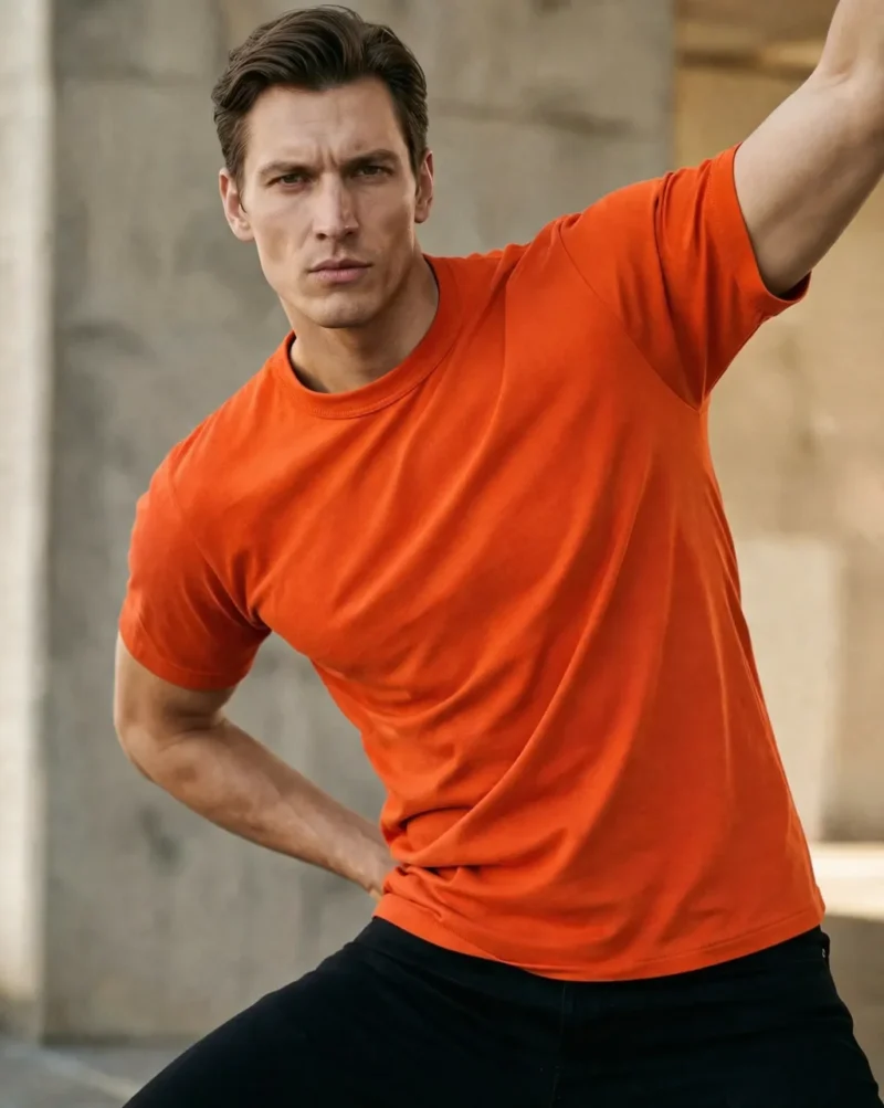Мъж с атлетично телосложение, облечен в оранжева памучна тениска с къс ръкав и изчистен дизайн, заснет в градска среда