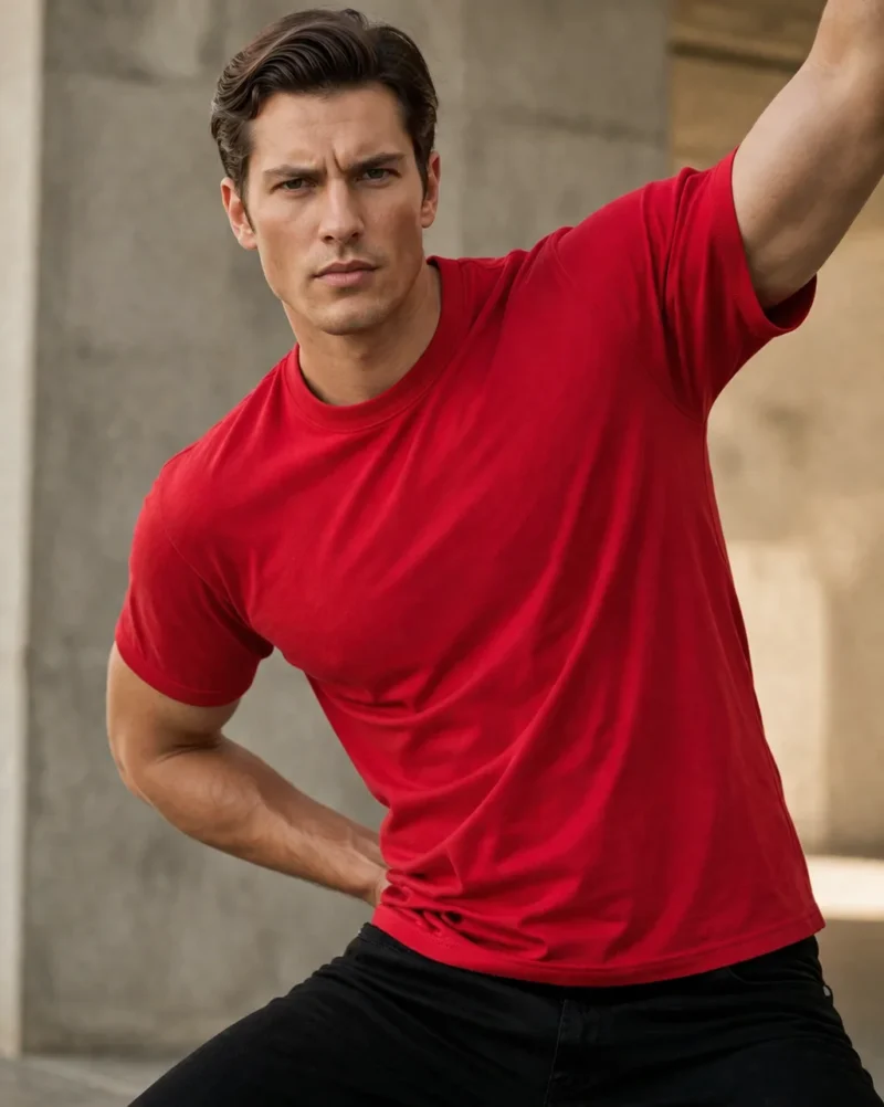 Мъж с атлетично телосложение, облечен в червена памучна тениска с къс ръкав и изчистен дизайн, заснет в градска среда