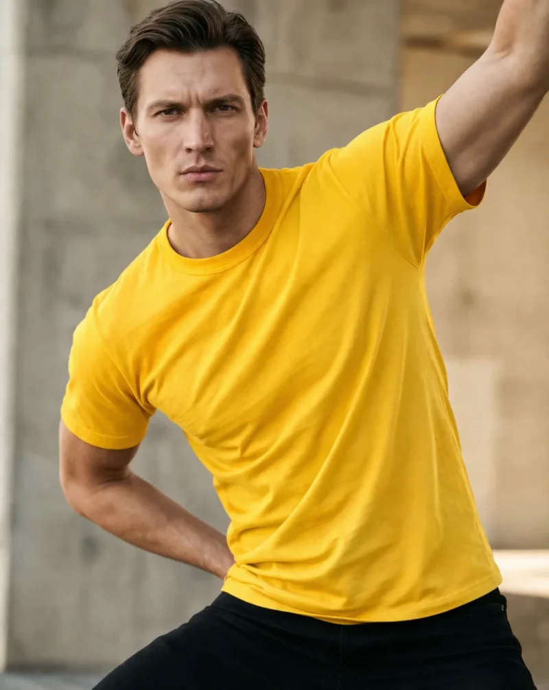 Мъж с атлетично телосложение, облечен в ярко жълта памучна тениска с къс ръкав, заснет в градска среда