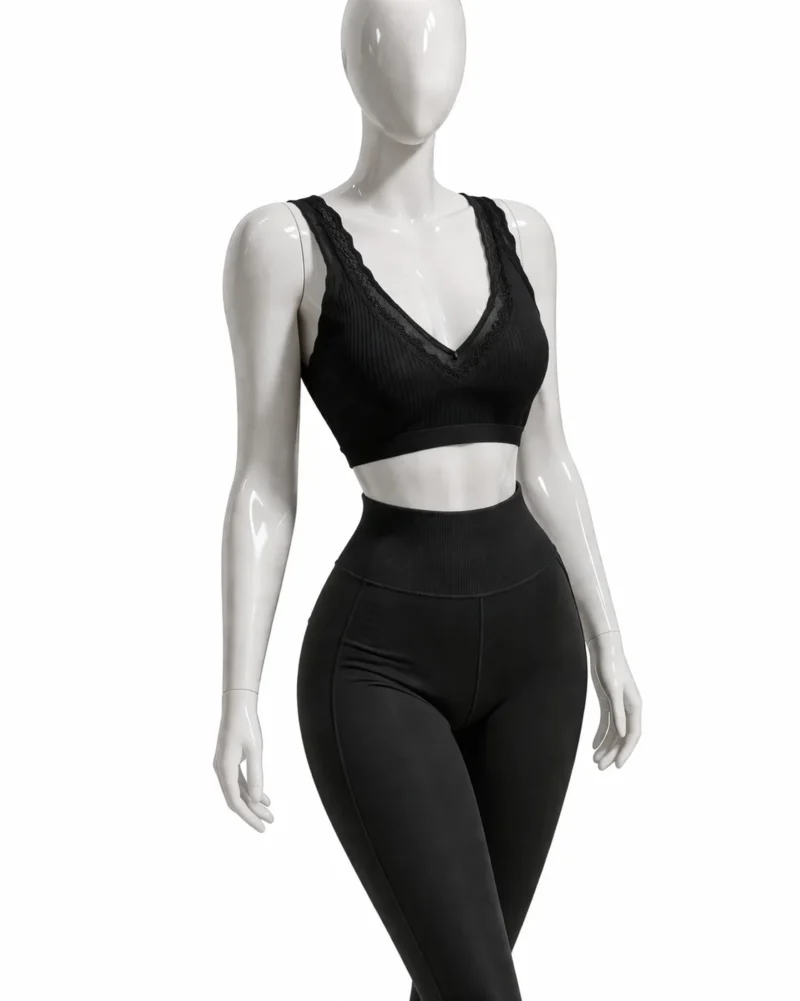 Черно дамско бюстие с дантела и V-образно деколте без банели стилно бельо