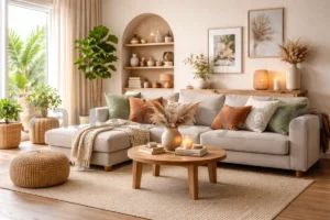 Модерен уютен хол с натурални цветове, декоративни възглавници, растения и стилна маса