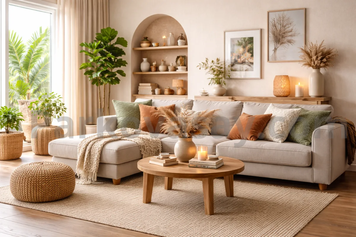 Модерен уютен хол с натурални цветове, декоративни възглавници, растения и стилна маса