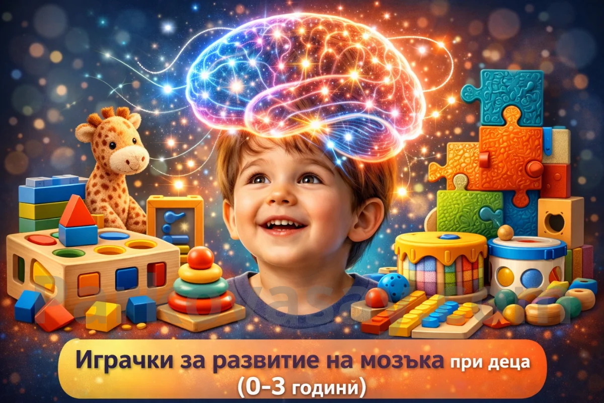 Щастливо дете, заобиколено от образователни и сензорни играчки, които подпомагат развитието на мозъка и уменията