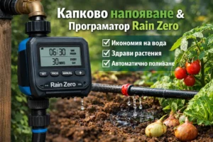 Система за капково напояване с програматор Rain Zero, поливаща домати и лук в градина