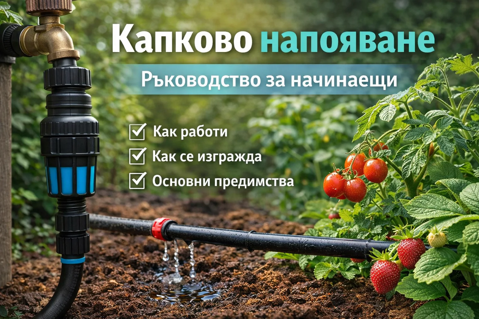 Капково напояване в градина с маркуч и капкообразувател, поливащ домати и ягоди