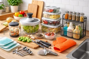 Практични кухненски аксесоари върху плот с органайзери, кутии за съхранение и инструменти за готвене