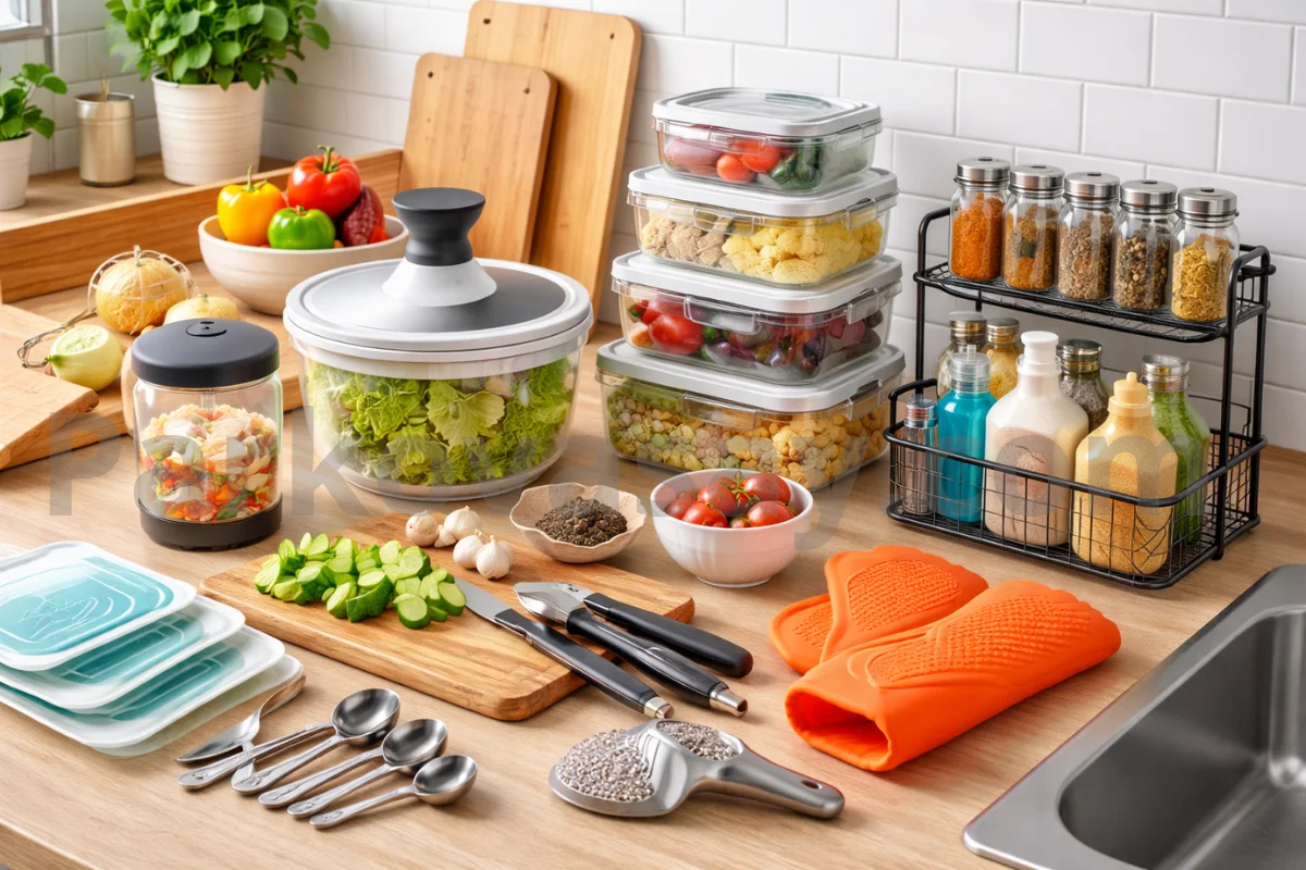 Практични кухненски аксесоари върху плот с органайзери, кутии за съхранение и инструменти за готвене