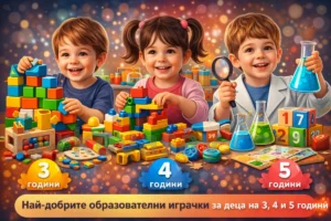 Три деца на 3, 4 и 5 години играят с образователни играчки като конструктори, пъзели и STEM комплекти