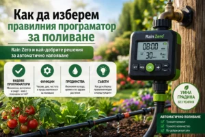 Програматор за поливане Rain Zero, монтиран към чешма в градина с капково напояване