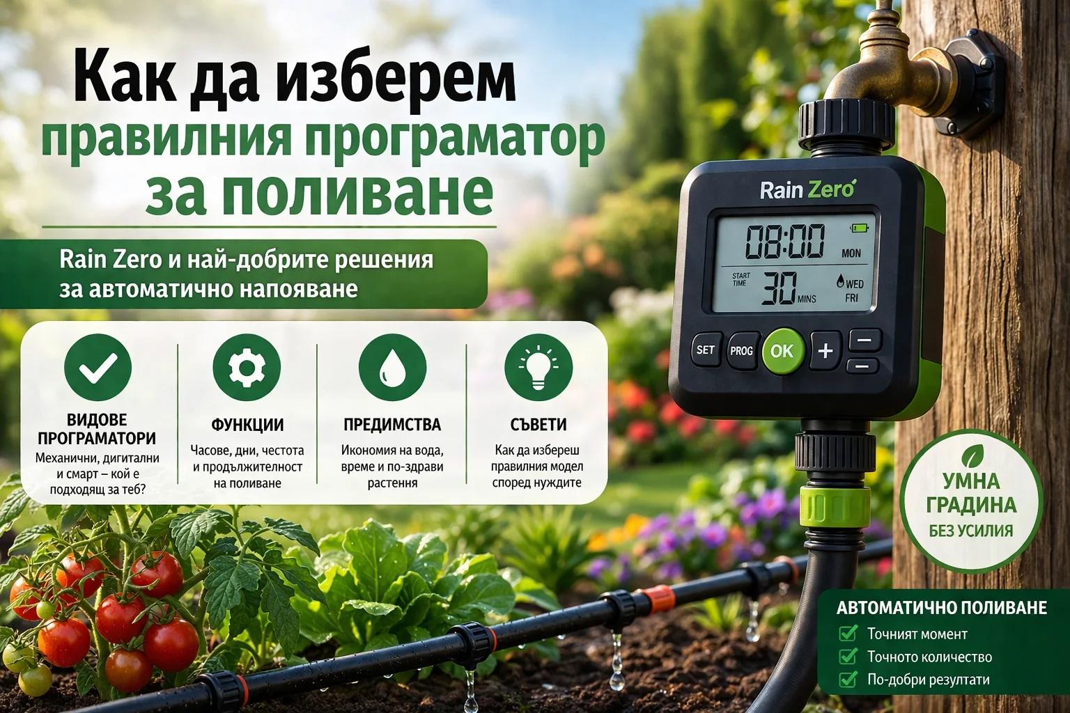 Програматор за поливане Rain Zero, монтиран към чешма в градина с капково напояване