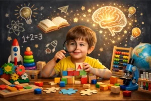 Дете, заобиколено от образователни играчки като пъзели, конструктори и книжки, стимулиращи развитието на ума