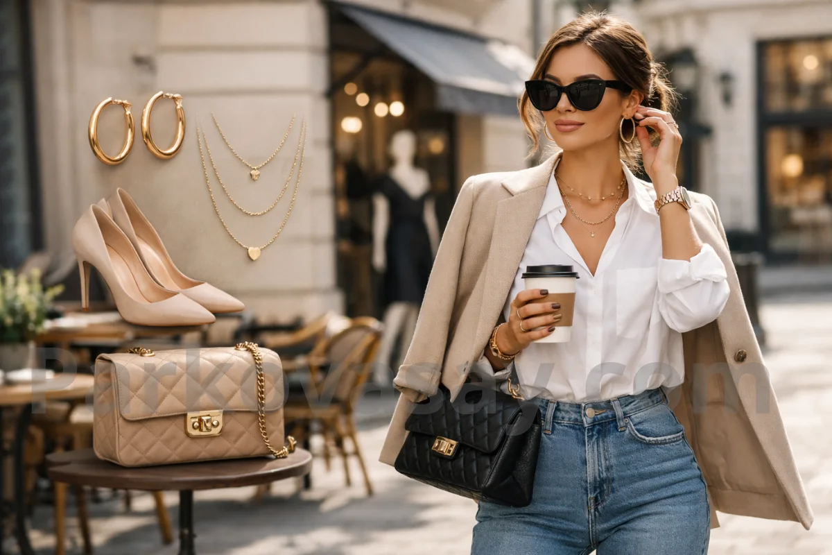 Стилна жена с елегантен аутфит – бяла риза, дънки, бежово сако и златни бижута в градска среда