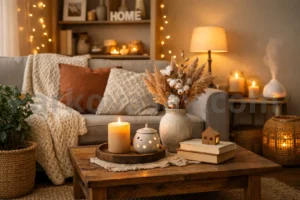 Уютен хол с меки възглавници, одеяло, свещи и топло осветление за домашен комфорт
